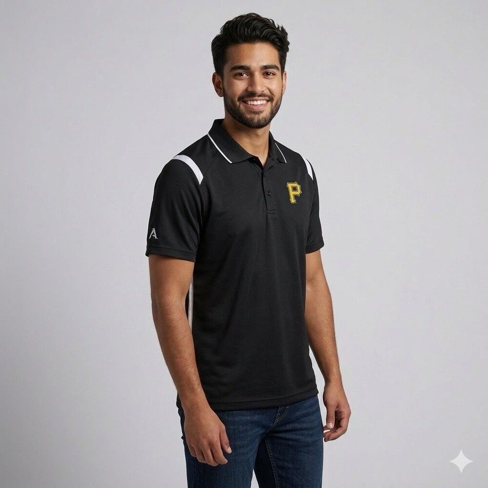 Antigua Pittsburgh Pirates Polo Shirt Men's M Black Yellow Embroidered Logo Golf